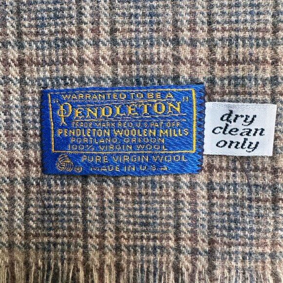 Pendleton Vintage Neutral Plaid Virgin Wool Fringe Muffler Scarf Unisex Retro - Picture 4 of 6